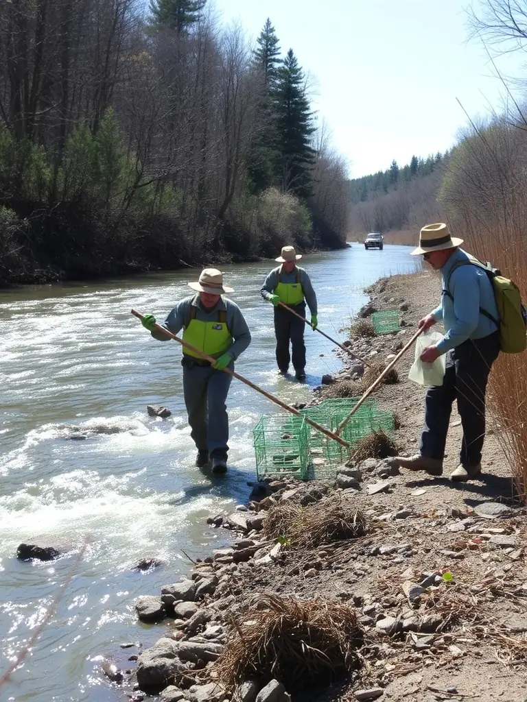 A photograph of SHMA members trapping invasive species near a local river, demonstrating nuisance species control.