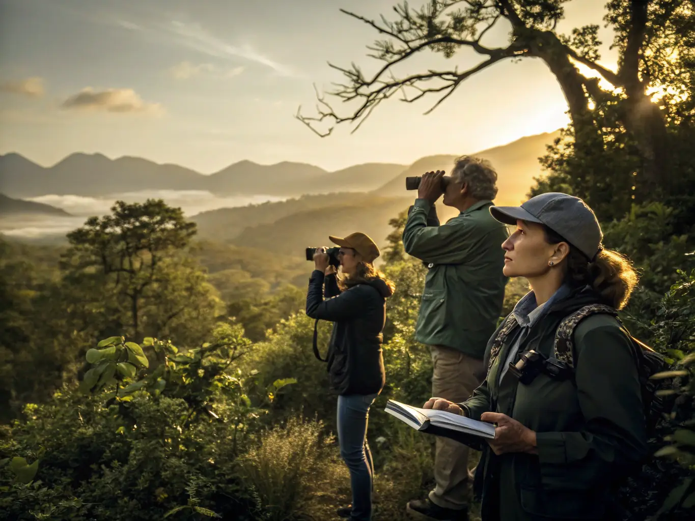 A scenic image of volunteers and members participating in wildlife monitoring in the Monts d'Aubrac, showcasing their dedication to conservation.
