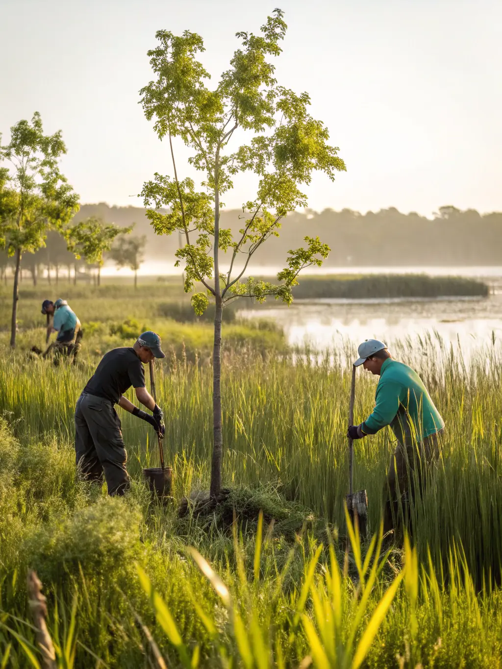 A photograph of SHMA members constructing a fence around a newly planted area to protect it from deer, illustrating game protection efforts.