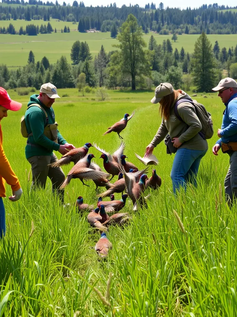 A photograph capturing SHMA members releasing pheasants into a field in the Monts d'Aubrac, showcasing restocking efforts.